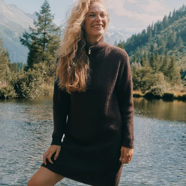 Abito in maglia scura a coste con collo con cerniera: elegante e caldo nella natura.