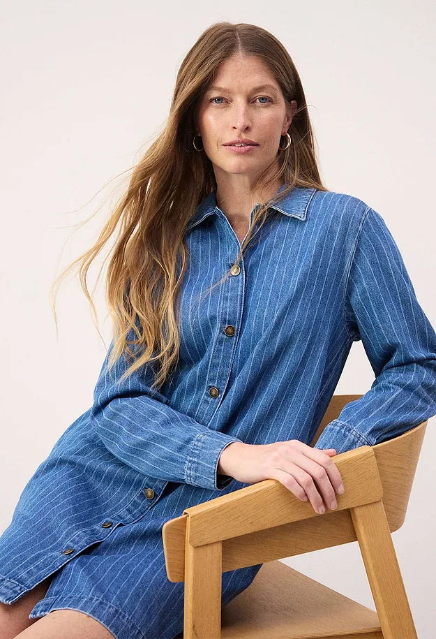 Donna - Abito di jeans a maniche lunghe con righe - Blu denim a righe