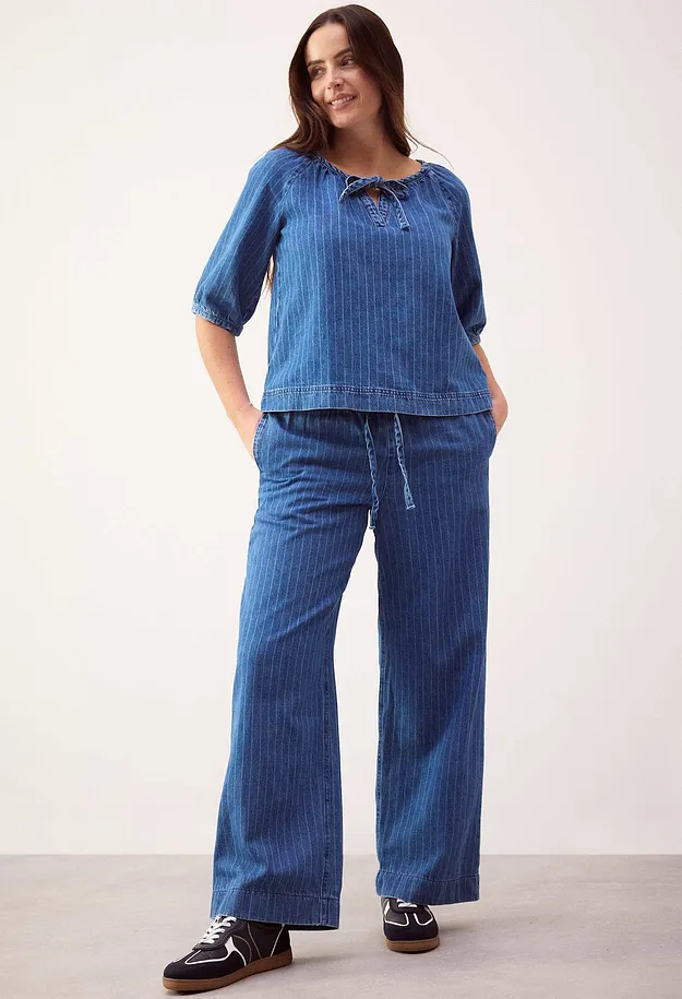Donna - Jeans wide leg con elastico in vita - Blu denim a righe