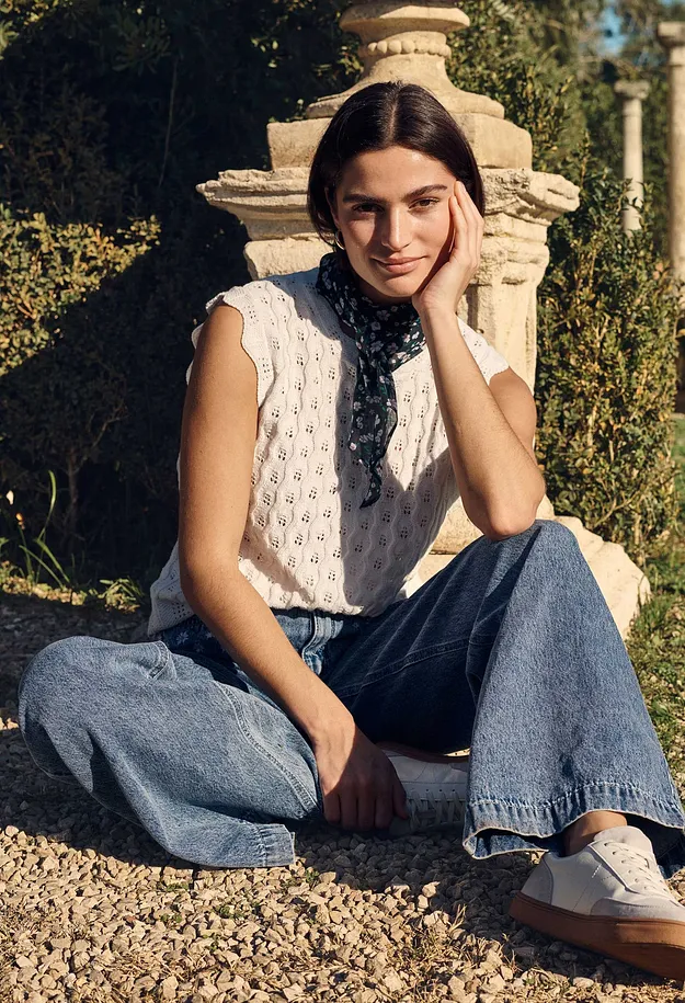 Donna - Top in maglia di puro cotone - Bianco panna