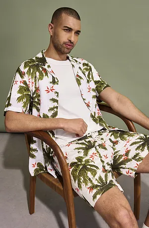 Uomo - Camicia a maniche corte in viscosa, loose fit - Bianco panna fantasia