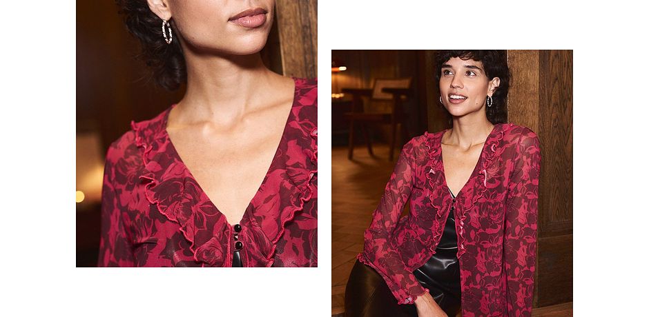 Donna - Blusa in rete con volant - Rosso magenta a fiori