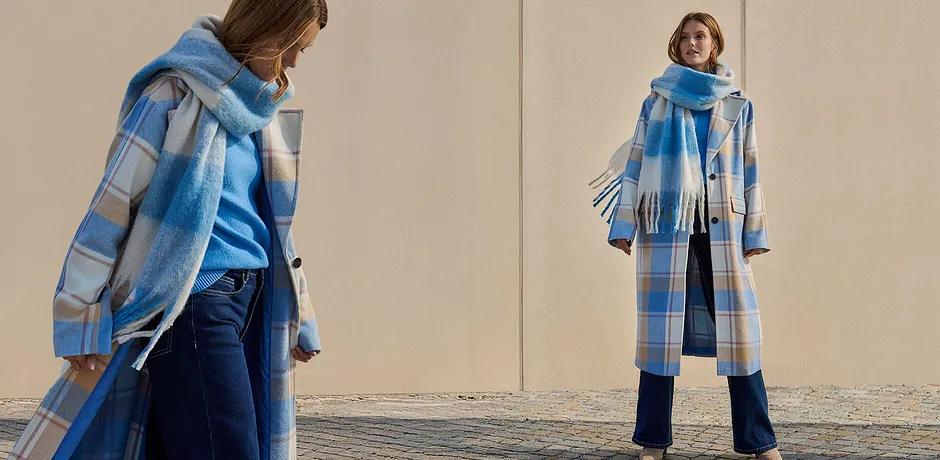 Di tendenza - Cappotto oversize in simil lana - Azzurro / bianco panna / cappuccino / legno di rosa a quadri