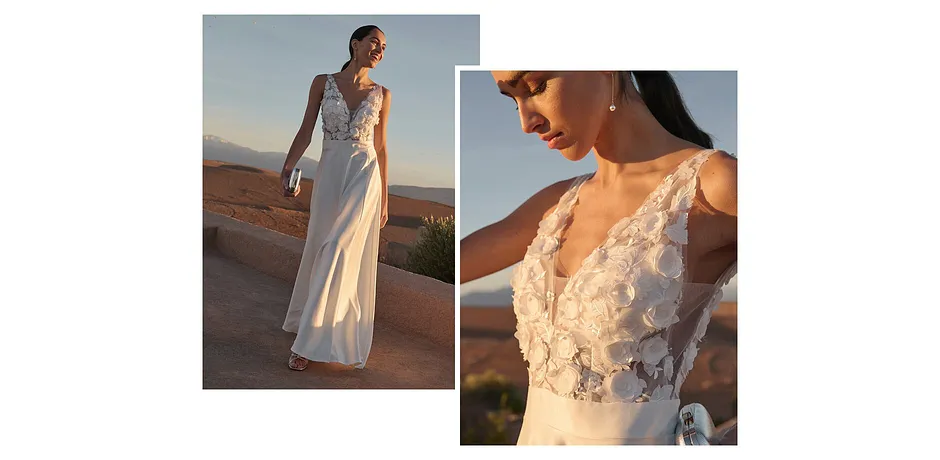 Donna - Abito da sposa in satin lucido con applicazione floreale - Bianco panna