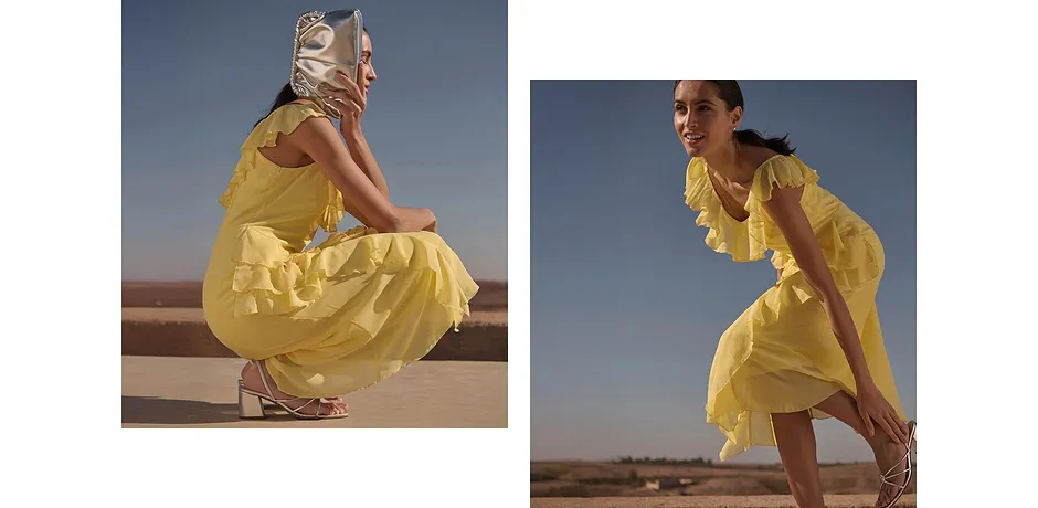 Di tendenza - Abito di chiffon con spalline e volant - Giallo chiaro
