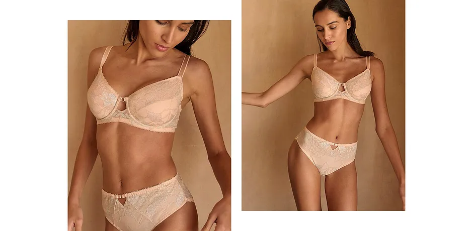 Donna - Reggiseno minimizer con ferretto e pizzo in lurex bicolore - Beige perlato / argento / lurex dorato