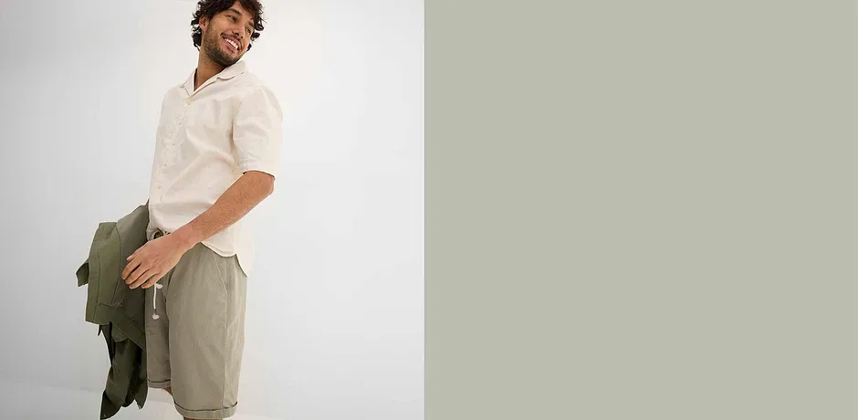 Uomo - Camicia a maniche corte in misto lino - Beige