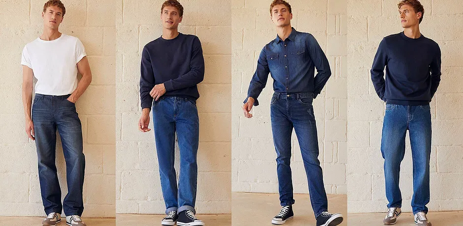 Look denim casual: jeans blu in diversi modelli per un outfit informale con sneakers comode. 