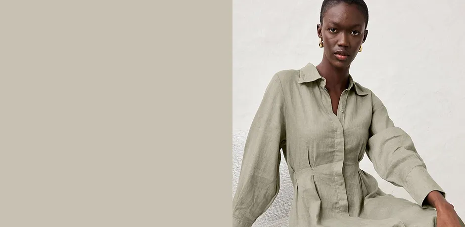 Elegante abito-camicia in lino beige con colletto e maniche lunghe, casual-chic e fresco per l'estate. 