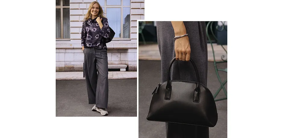 Camicetta floreale grigia abbinata a eleganti pantaloni grigi.