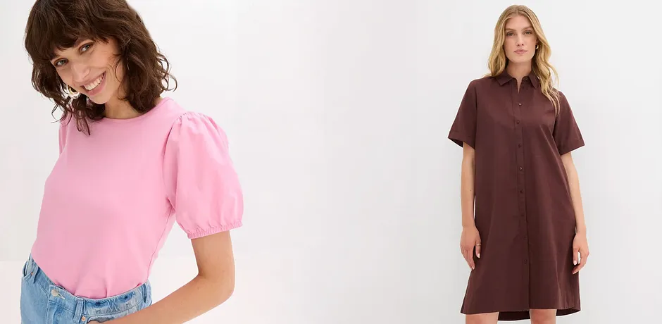 Donna in t-shirt rosa e donna in abito a camicia marrone - moda femminile moderna da bonprix.