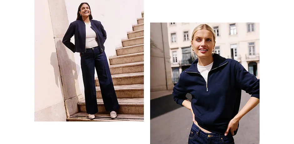 Giacca blu scuro e pantaloni ampi, abbinati a top bianco e look casual con maglione blu navy.