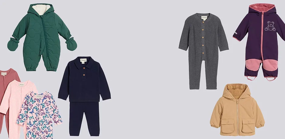 Abbigliamento colorato per neonati: calde tute, morbidi pagliaccetti e comode giacche per le giornate fredde.