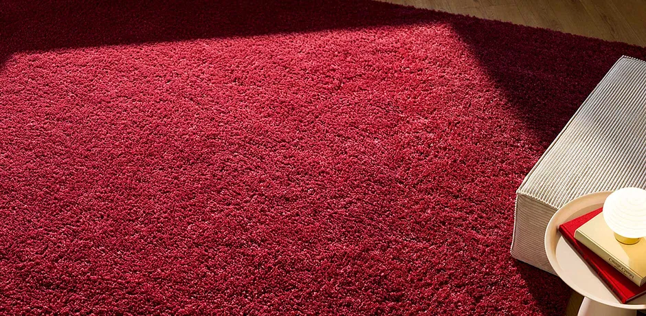 Un tappeto rosso brillante domina la stanza, accanto ad esso giace un libro aperto su uno sfondo chiaro.