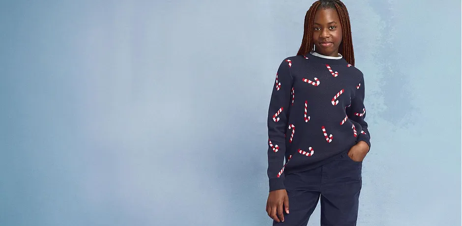 Maglione natalizio con motivo a bastoncini di zucchero.