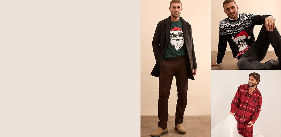 Maglione natalizio con motivi colorati, abbinato a jeans scuri. 