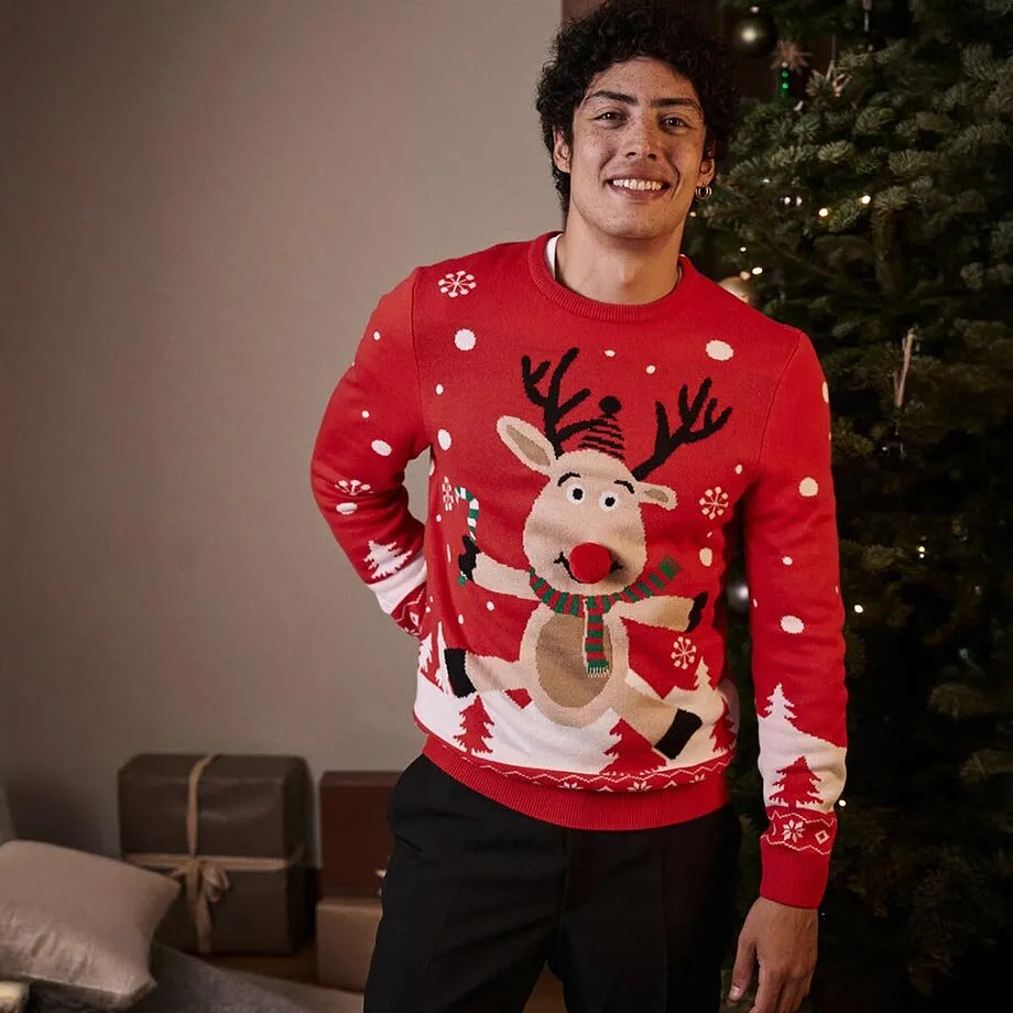 Allegro maglione natalizio rosso con grazioso motivo renna.