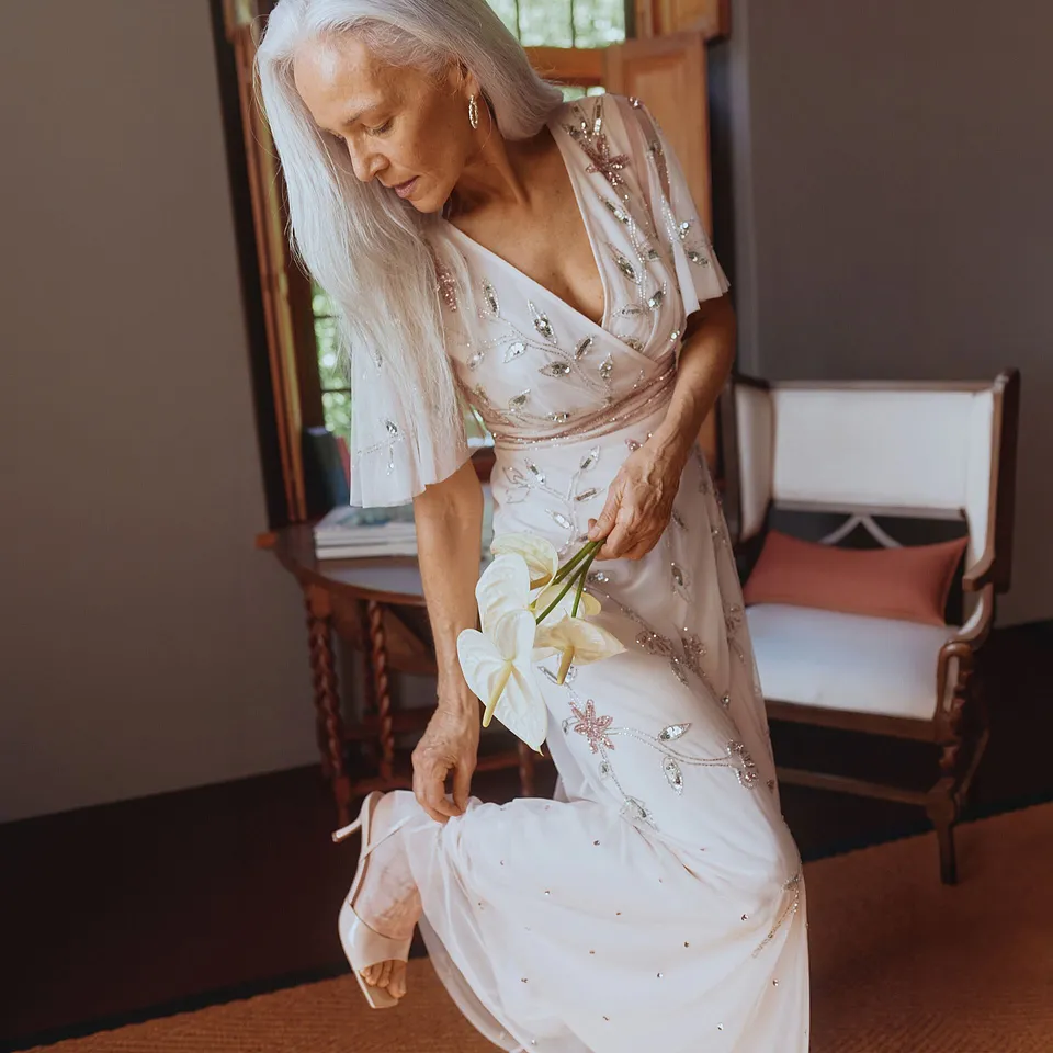 Donna - Abito da sera con ricami e paillettes - Rosa a fiori