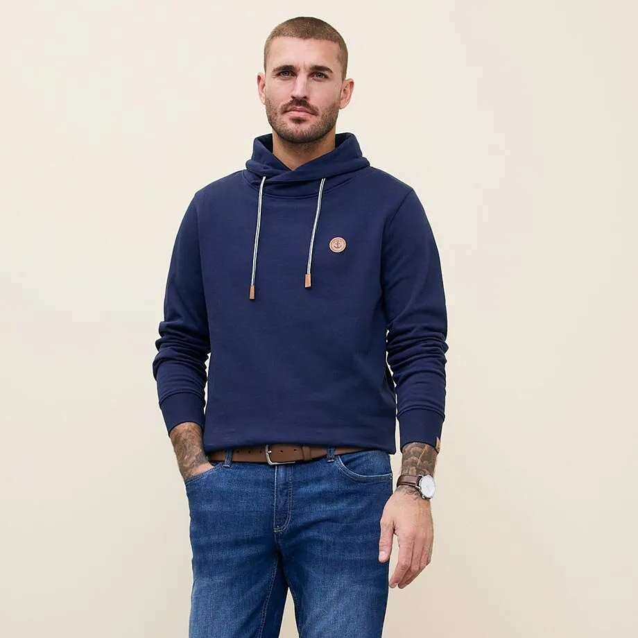 Felpa blu navy con cappuccio, piccolo logo e cordino.