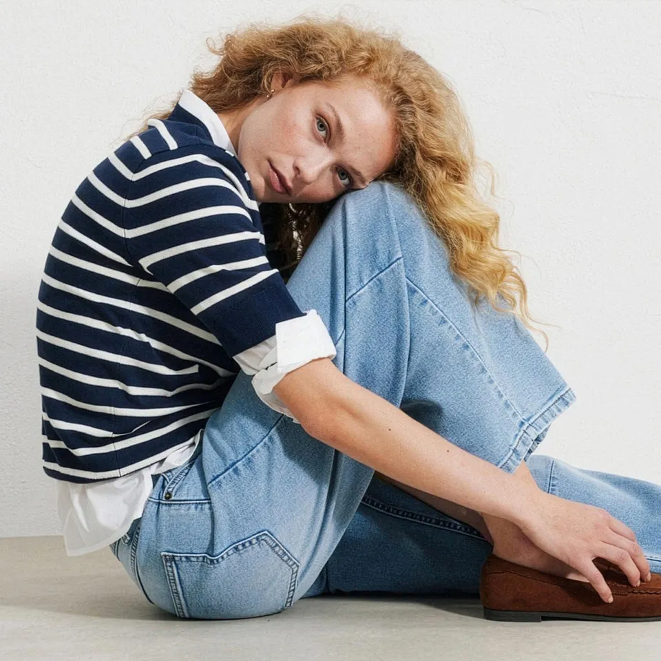 Maglione a righe sopra una camicia bianca, jeans blu larghi e mocassini marroni.