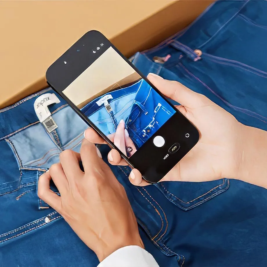 Jeans blu con l'etichetta, accanto a uno smartphone.