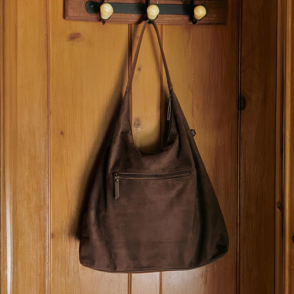 Una elegante borsa marrone &egrave; appesa all&rsquo;attaccapanni da parete in legno con ganci in ottone.