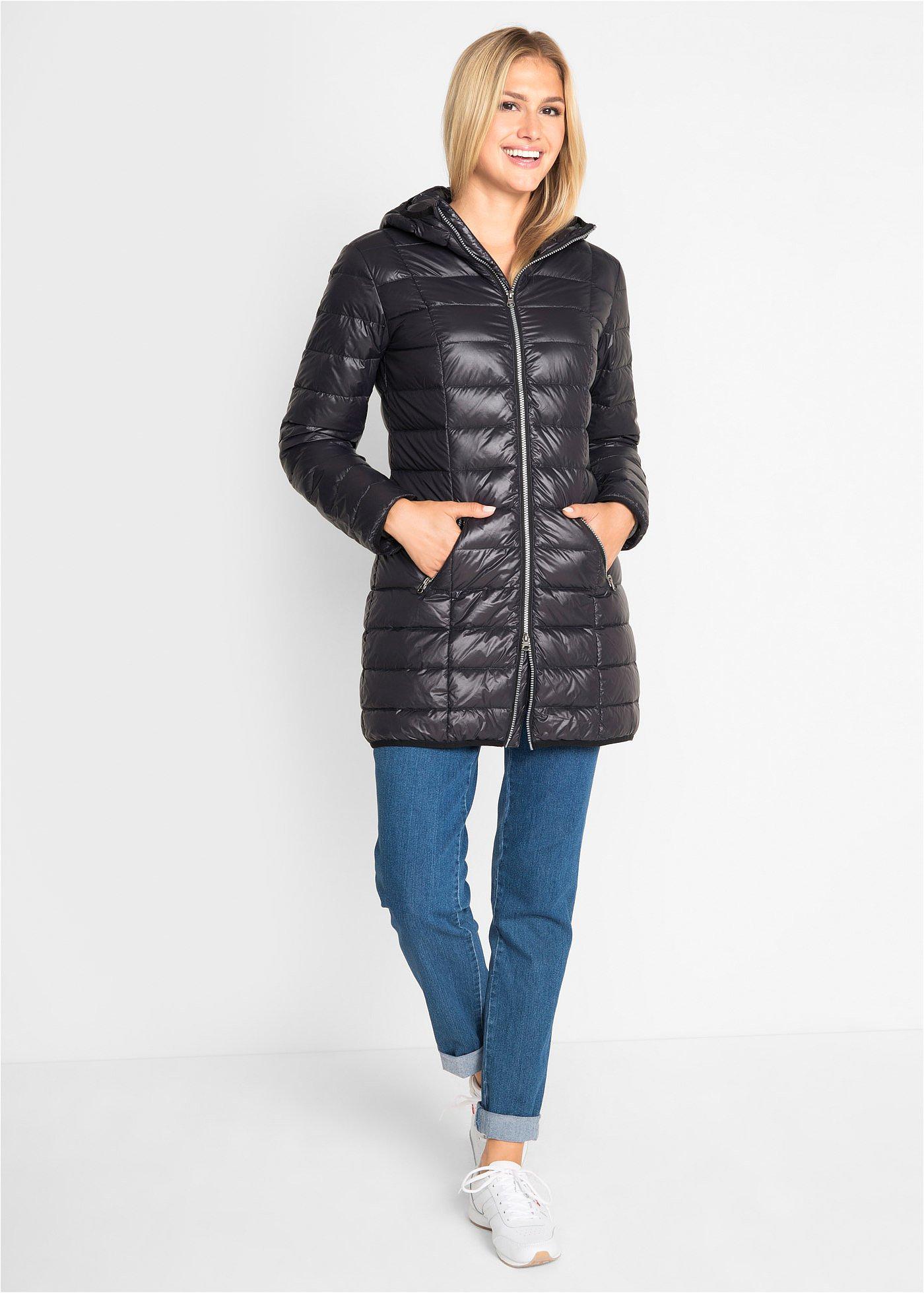 Piumino attraente con imbottitura di piuma leggerissima e cappuccio - Nero