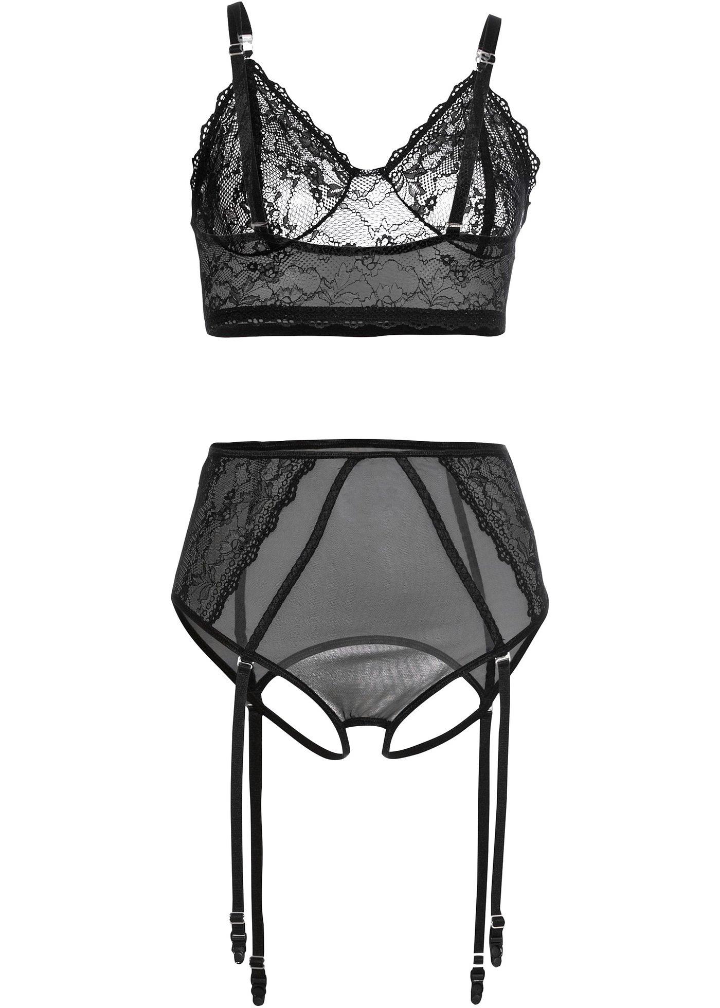 Elegante reggiseno bustier e slip ouvert a vita alta con reggicalze - Nero