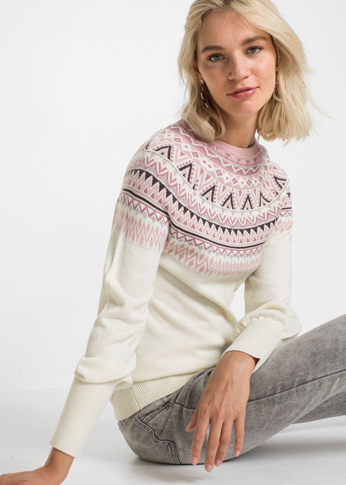 Maglione moderno con bellissimi motivi - Crema / legno di rosa fantasia ...