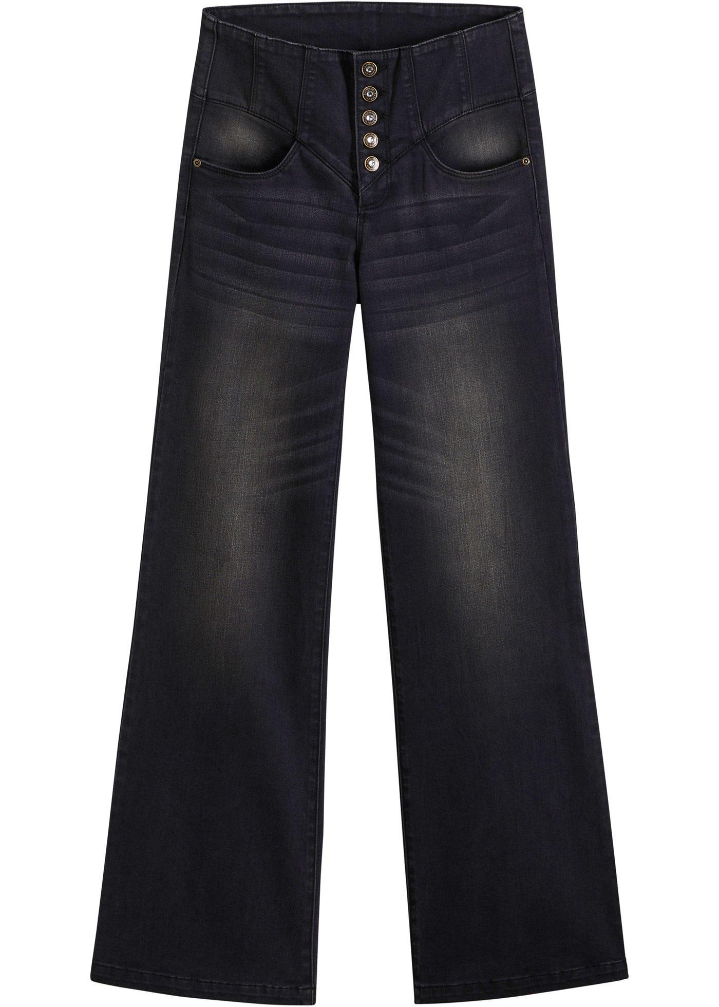 Jeans larghi moderni con abbottonatura a vista Nero denim