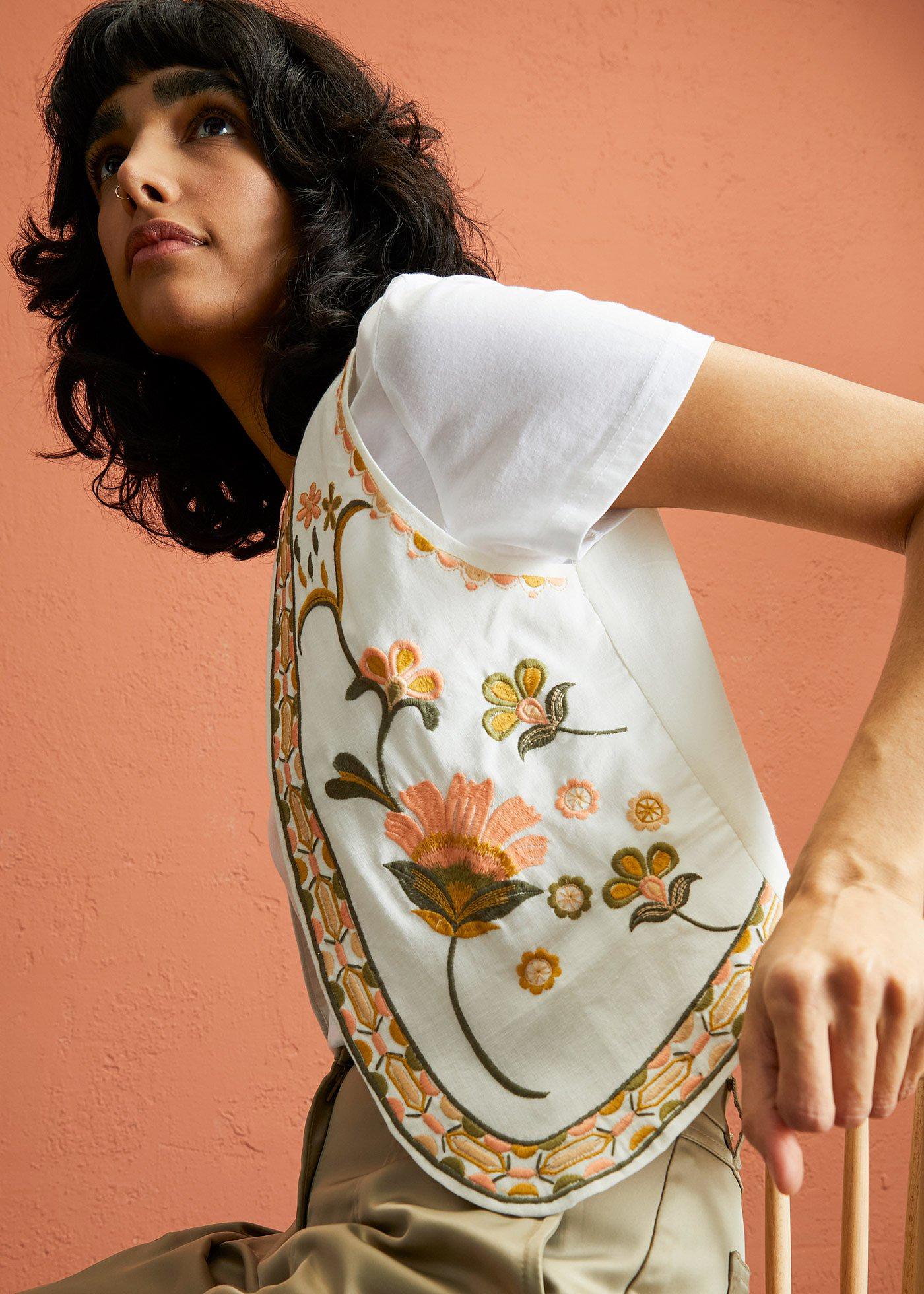 Gilet Donna Vintage Ricamato Floreale Senza Maniche - Scollo A V, Stile Boho Chic, In Velluto E Perline