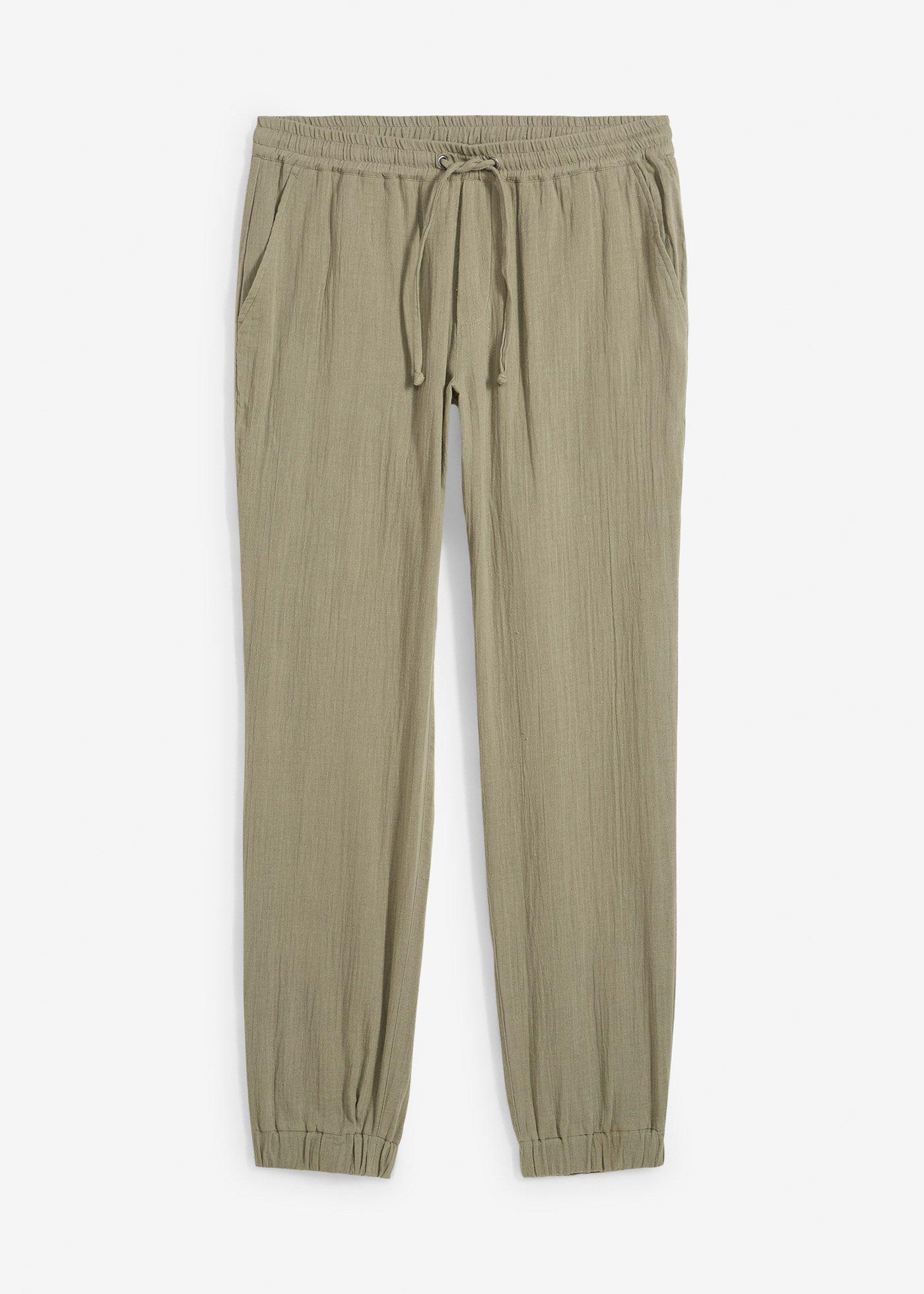 Pantaloni in mussola di puro cotone con elastico in vita regular fit, tapered