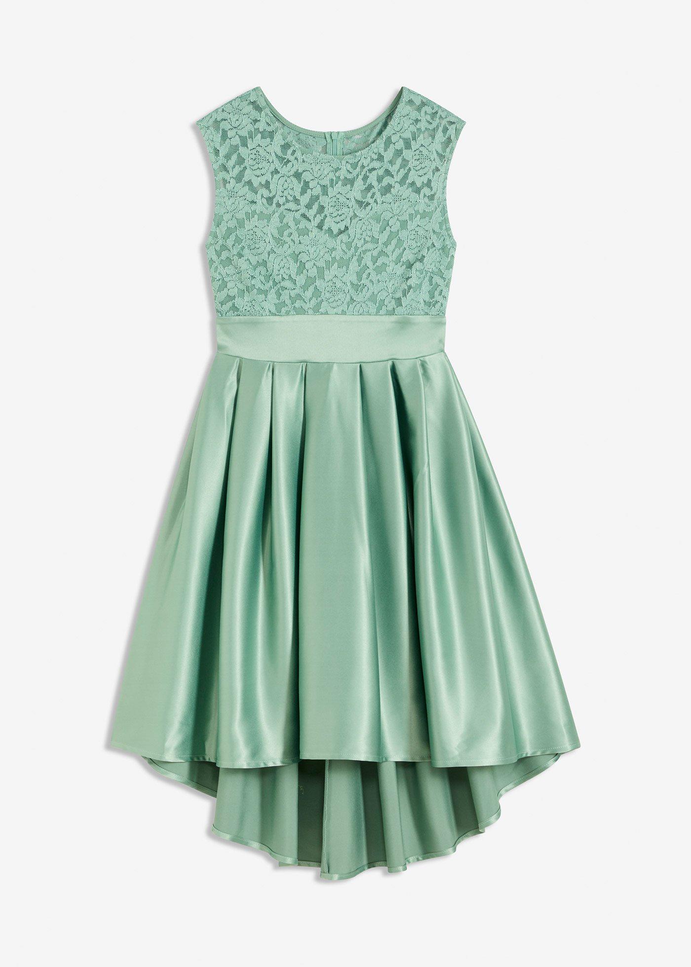 Abito asimmetrico in satin lucido con pizzo