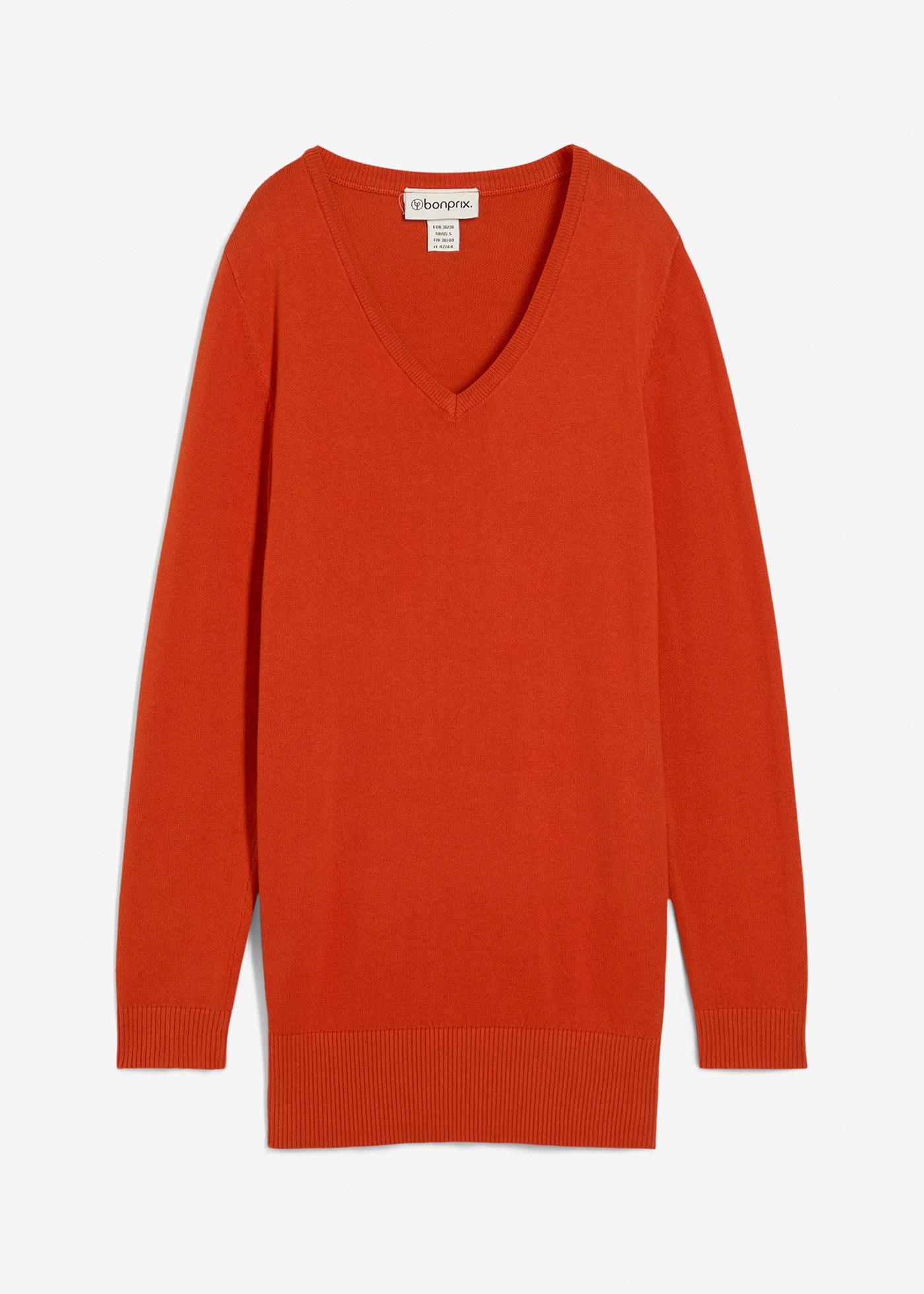 Maglione lungo basic in filato fine con scollo a V
