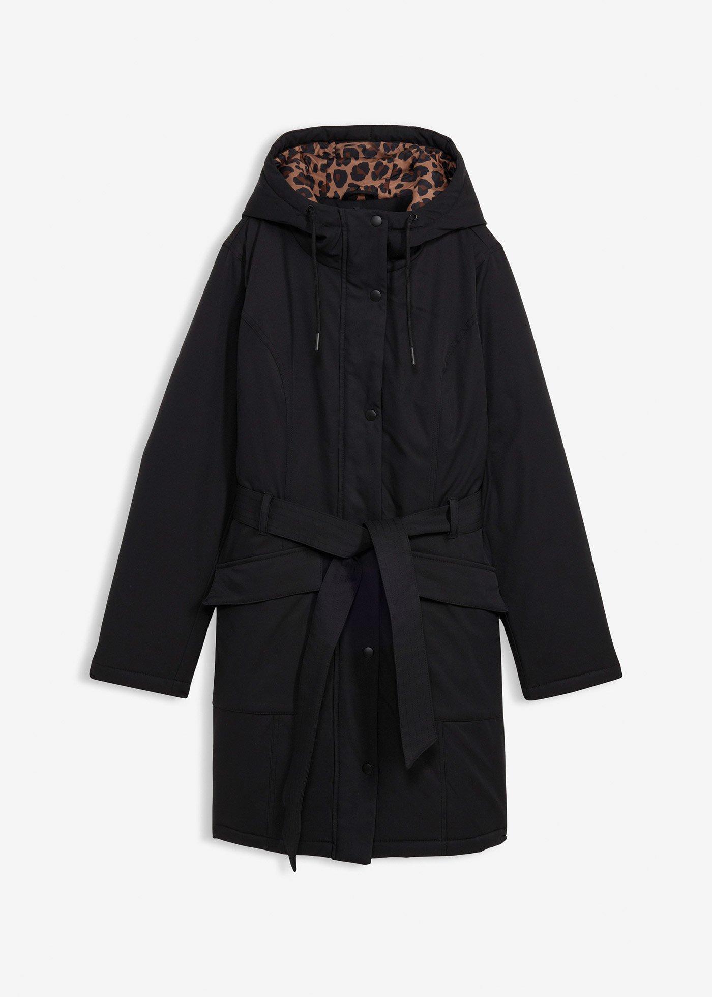 Cappotto outdoor corto idrorepellente con cintura e fodera leopardata