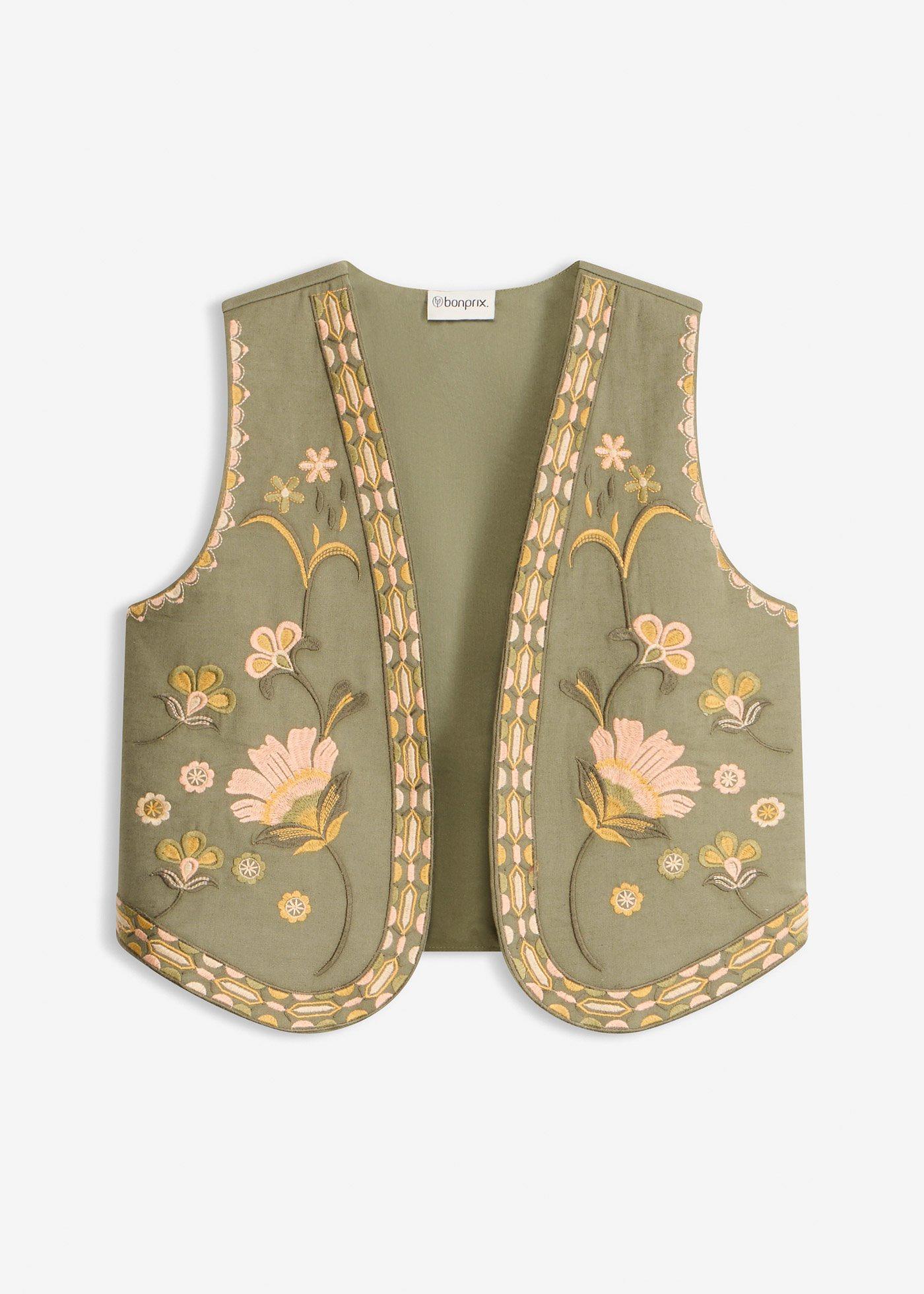 Gilet ricamato in misto lino vaporoso