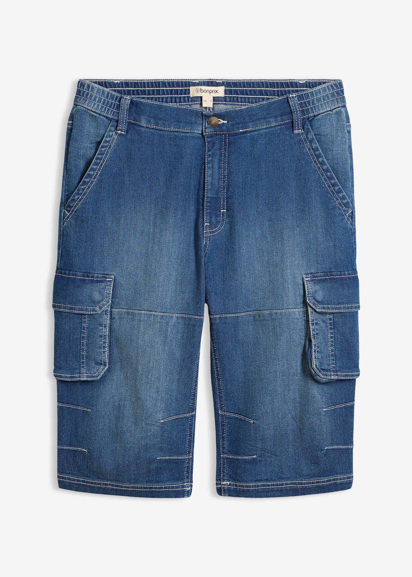 Bermuda cargo lunghi in jeans leggero con vita elastica, regular fit