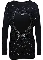 Pullover lungo con cuore e strass, bonprix