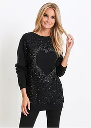 Pullover lungo con cuore e strass, bonprix