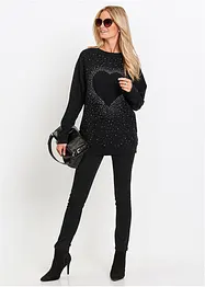 Pullover lungo con cuore e strass, bonprix