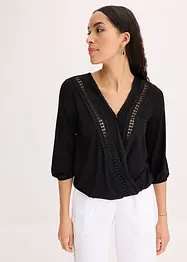 Maglia effetto a portafoglio con maniche a 3/4 e pizzo, bonprix