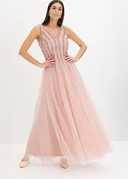 Abito lungo in fine tulle con ricami e paillettes, bonprix
