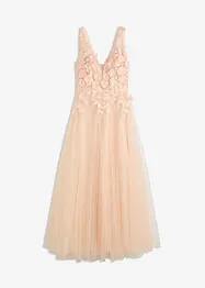 Abito lungo in tulle con fiori applicati, bonprix