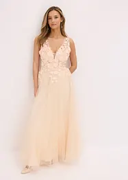 Abito lungo in tulle con fiori applicati, bonprix