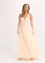 Abito lungo in tulle con fiori applicati, bonprix