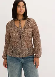 Blusa in mesh con volant e fiocco, bonprix