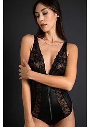 Body con perizoma ouvert, look bagnato e cerniera, bonprix