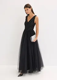 Abito lungo in fine tulle con ricami e paillettes, bonprix