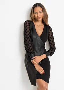 Abito in similpelle con inserto in jersey e maniche in pizzo a pois, bonprix