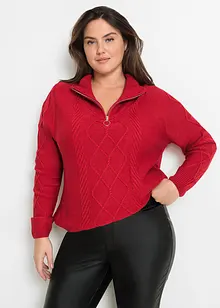 Maglione con zip, colletto e motivo a treccia, bonprix